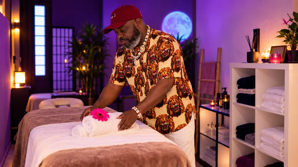 James bereitet die Massageliege im Behandlungsraum vor